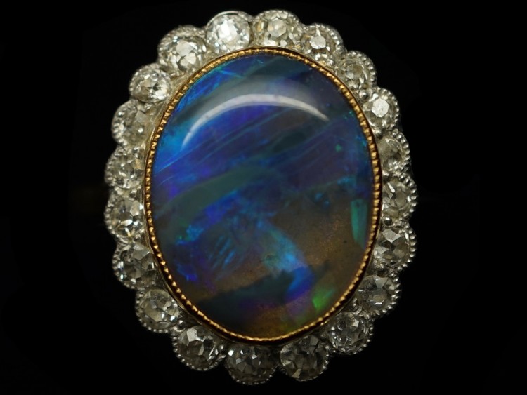 Edwardian 18ct & Platinum Black Opal & Diamond Ring