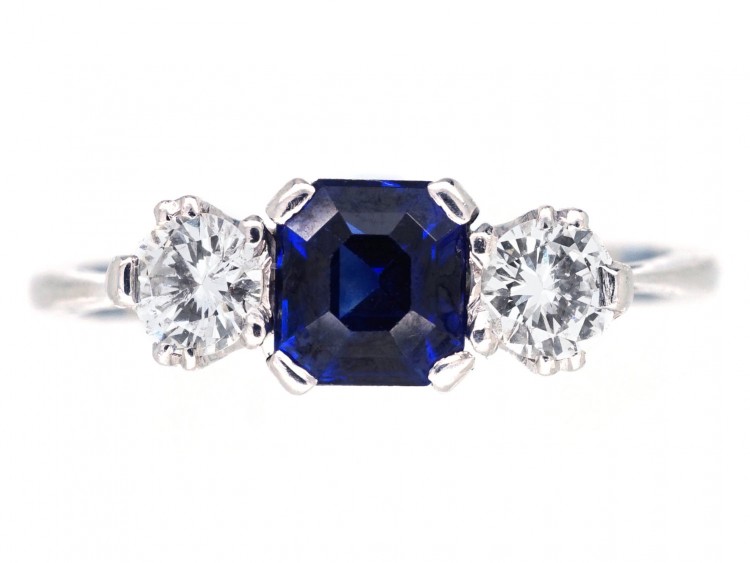 Art Deco 18ct White Gold Three Stone Sapphire & Diamond Ring