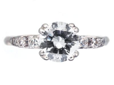 Art Deco 18ct White Gold & Platinum & Diamond Solitaire Ring with Diamond Shoulders