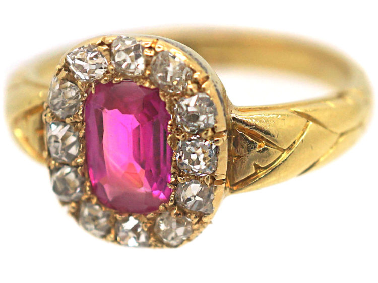 Victorian 18ct Gold Pink Sapphire & Diamond Cluster Ring
