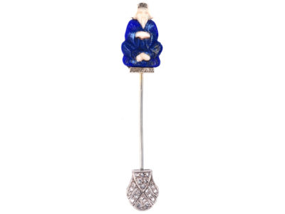 French 18ct White Gold Lapis Lazuli & Diamond Jabot Pin of Confucius
