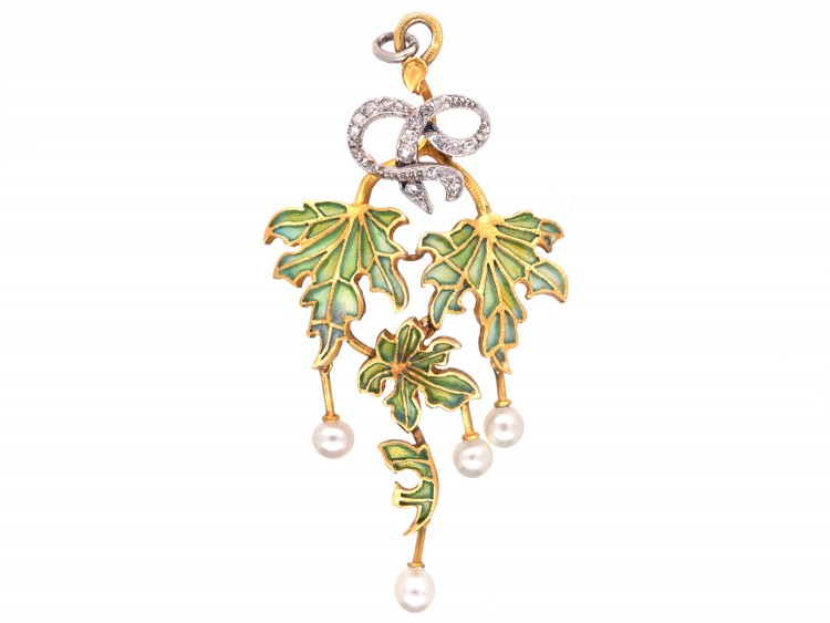 Art Nouveau Plique-à-Jour 18ct Gold, Diamond & Natural Pearl Pendant