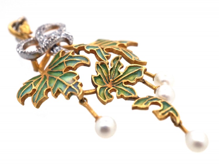 Art Nouveau Plique-à-Jour 18ct Gold, Diamond & Natural Pearl Pendant