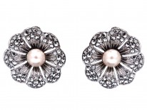 Silver, Bouton Pearl & Marcasite Earrings