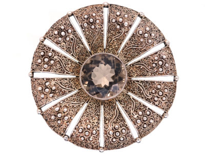 Theodor Farhner Art Deco Silver & Smoky Quartz Round Brooch
