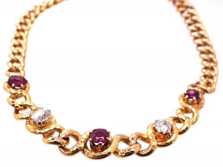 Edwardian 14ct Gold Ruby & Diamond Curb Bracelet