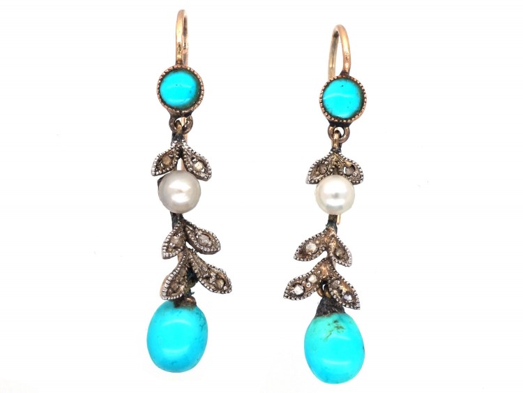 Edwardian Turquoise, Natural Pearl & Rose Diamond Drop Earrings