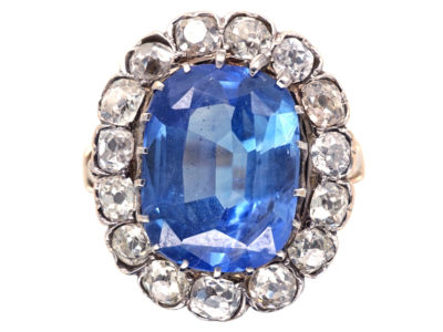 Large Ceylon Sapphire & Diamond Cluster Ring