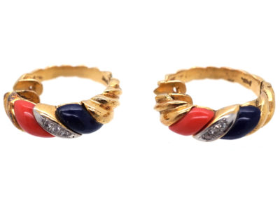 14ct Gold, Coral, Lapis Lazuli & Diamond Hoop Earrings