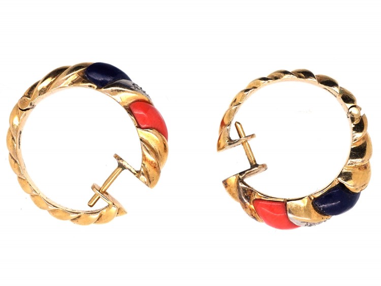 14ct Gold, Coral, Lapis Lazuli & Diamond Hoop Earrings
