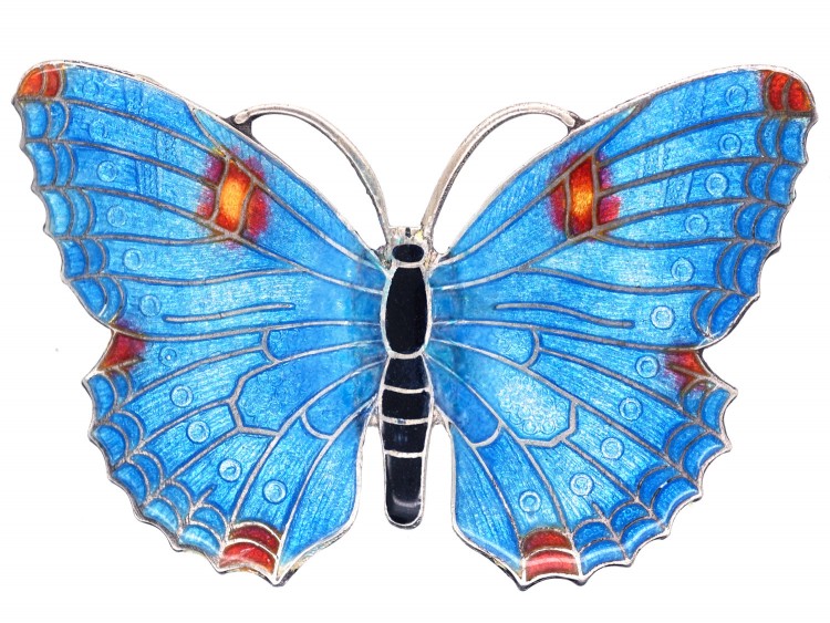 Silver, Red & Blue Enamel Butterfly Brooch
