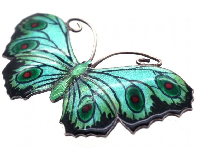 Silver, Green, Black & Red Enamel Butterfly Brooch