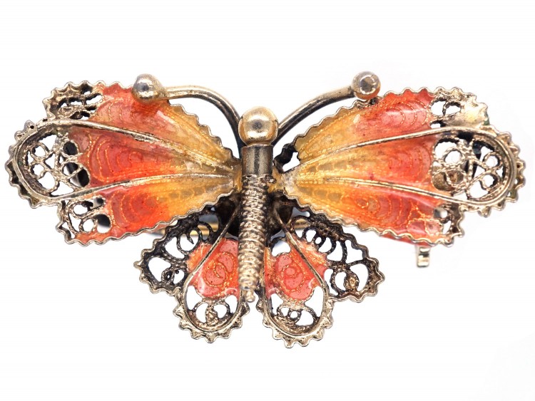 Silver Filigree & Orange Enamel Butterfly Brooch