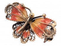 Silver Filigree & Orange Enamel Butterfly Brooch