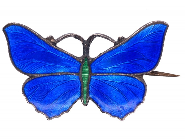 Small Silver, Blue & Green Enamel Butterfly Brooch
