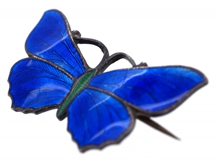 Small Silver, Blue & Green Enamel Butterfly Brooch