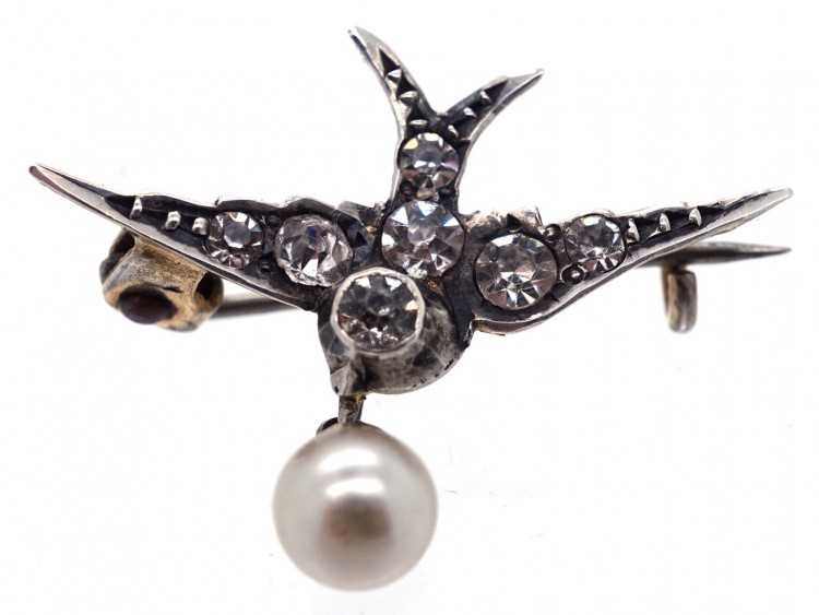 Edwardian Small Silver & Paste Swallow Brooch