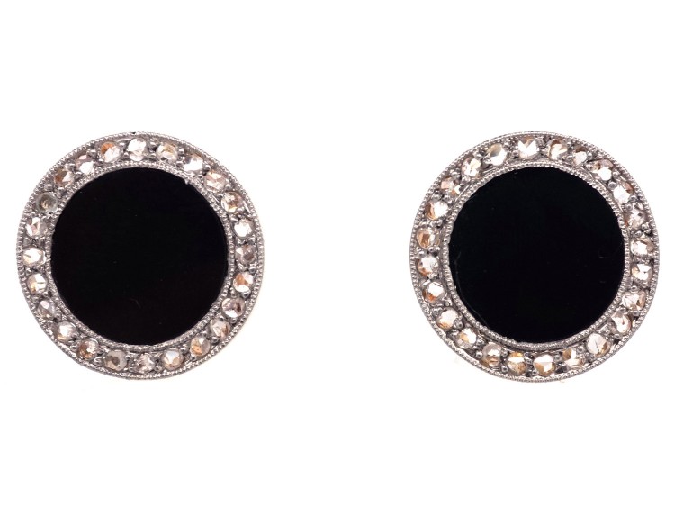 18ct Gold & Platinum Art Deco Onyx & Rose Diamond Round Earrings