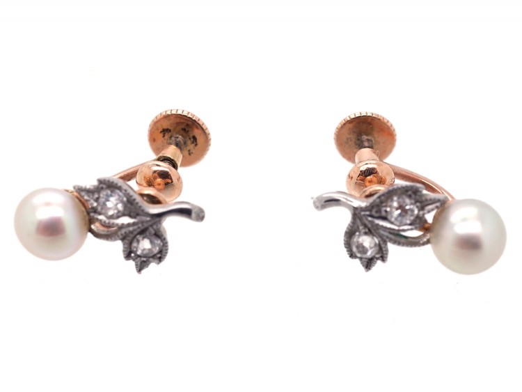 Edwardian Natural Pearl & Diamond Screw on Earrings