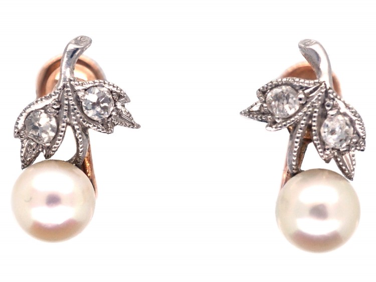 Edwardian Natural Pearl & Diamond Screw on Earrings