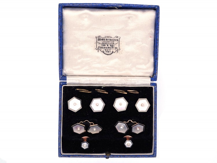 18ct & 9ct Gold, Mother of Pearl & Natural Pearl Art Deco Dress Set