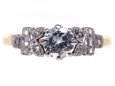 Art Deco Diamond Solitaire Ring with Leaf Shoulders