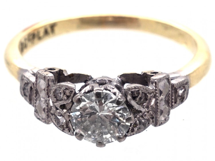 Art Deco Diamond Solitaire Ring with Leaf Shoulders