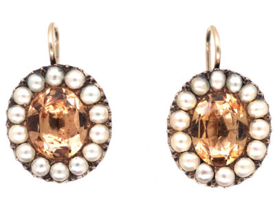 Georgian Precious Topaz & Natural Split Pearl Oval Earrings
