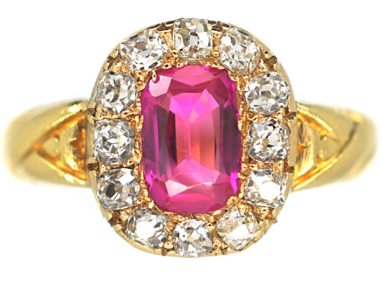Victorian 18ct Gold Pink Sapphire & Diamond Cluster Ring