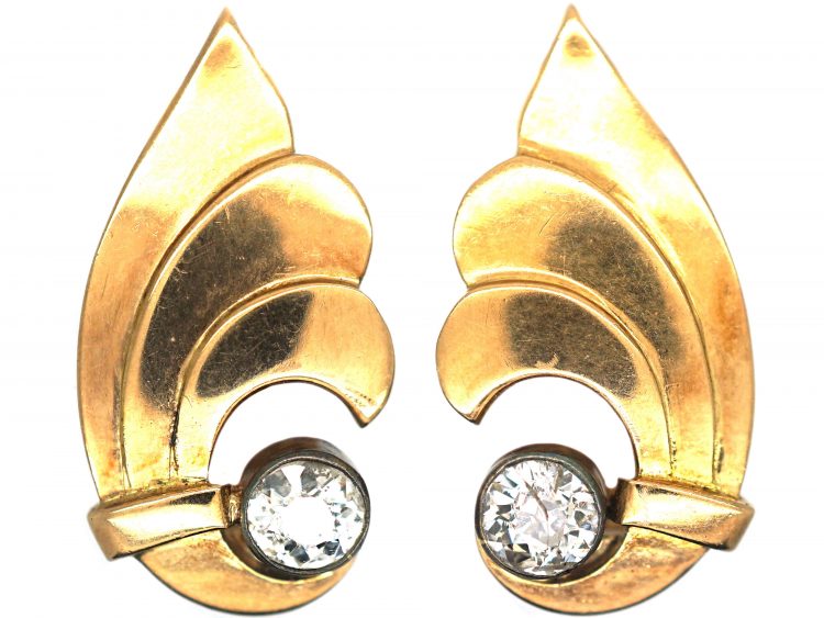 Art Deco 18ct Gold ​& Diamond Clip On Wing Shaped Earrings