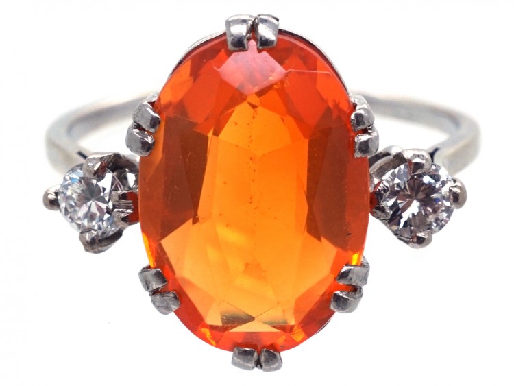 Art Deco Platinum, Diamond & Fire Opal Ring