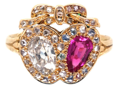 Victorian 18ct Gold Diamond & Ruby Double Heart Ring