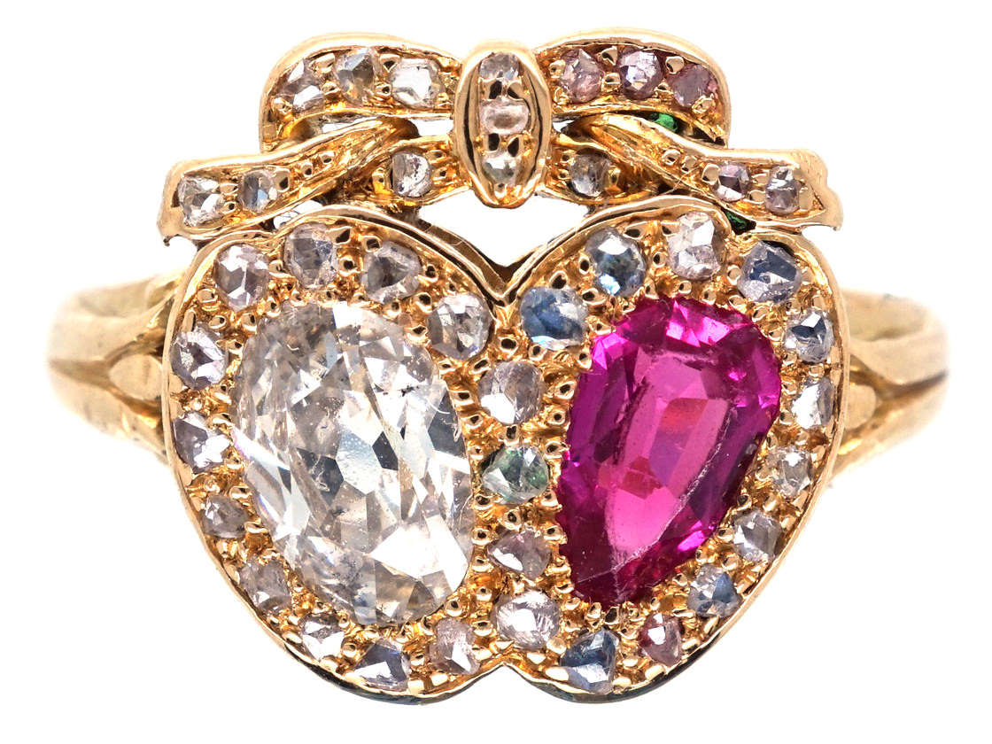 Victorian 18ct Gold Diamond & Ruby Double Heart Ring (864G) | The 