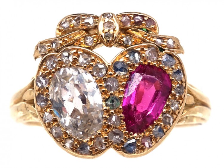 Victorian 18ct Gold Diamond & Ruby Double Heart Ring