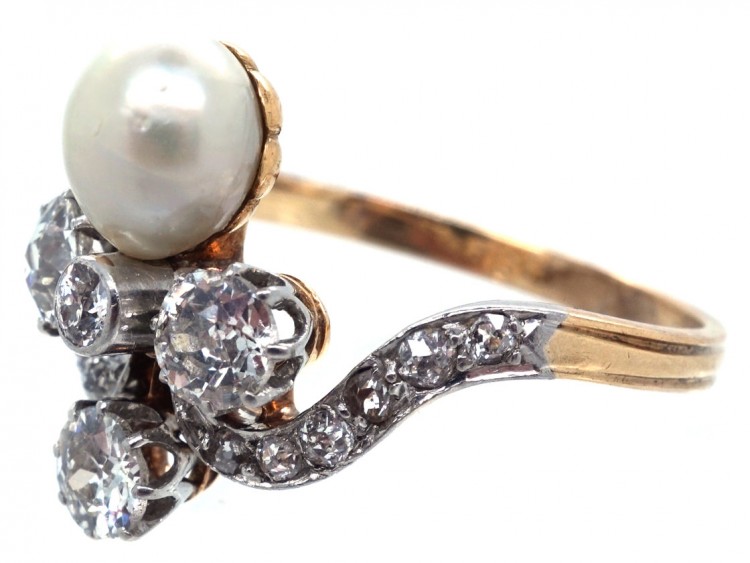 Art Nouveau 18ct Gold, Diamond & Natural Pearl Ring