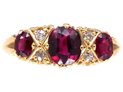 Victorian Three Stone Ruby & Diamond Carved Half Hoop Ring