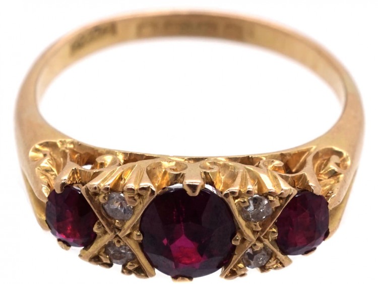 Victorian Three Stone Ruby & Diamond Carved Half Hoop Ring