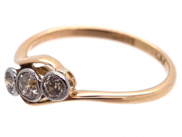Edwardian 18ct Gold Three Stone Diamond Crossover Ring