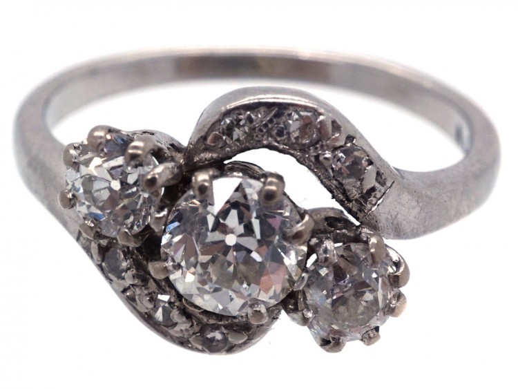 Edwardian Platinum & Three Stone Diamond Crossover Ring