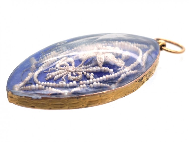 Georgian Blue Glass & Seed Pearl Navette Shaped Pendant in Original Case