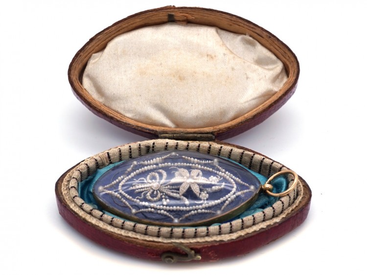 Georgian Blue Glass & Seed Pearl Navette Shaped Pendant in Original Case