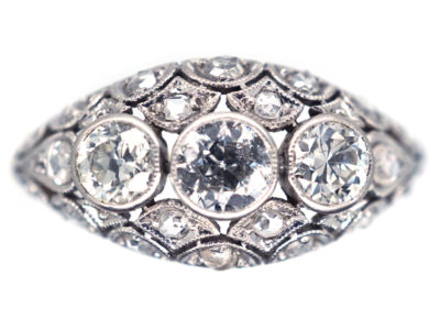 Art Deco Diamond Three Stone Diamond Boat Shaped Ring