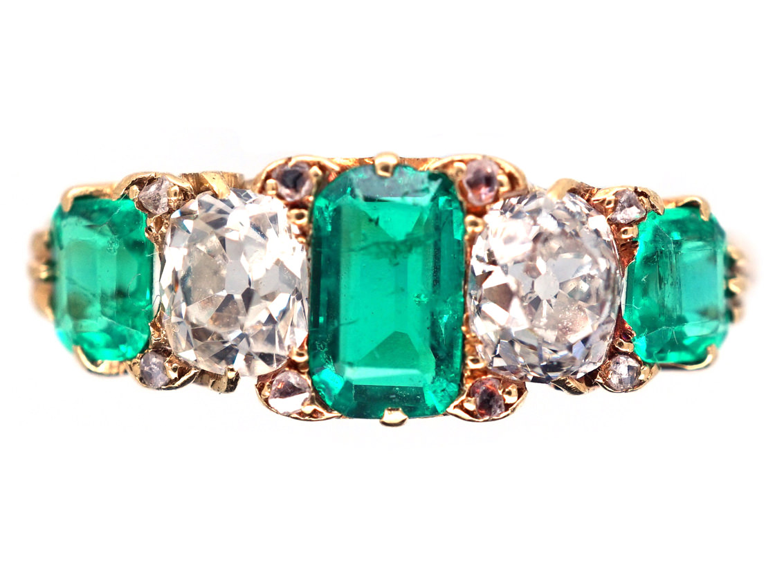 Victorian 18ct Gold, Emerald & Diamond Five Stone Carved Half Hoop Ring ...