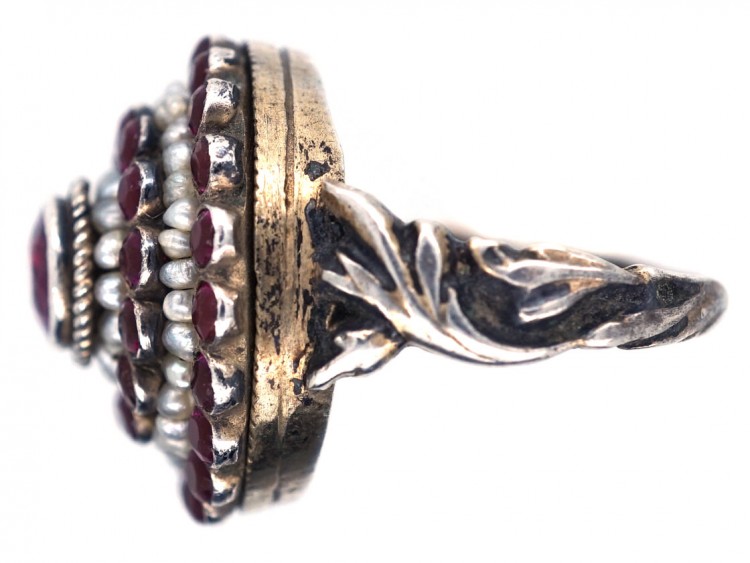 Austro-Hungarian Silver Garnet ​& Natural Pearls Cluster Ring