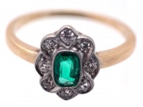 Edwardian 14ct Gold & Platinum, Emerald & Diamond Oval Cluster Ring