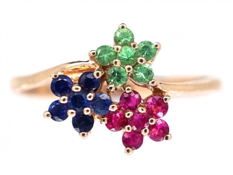 9ct Gold Peridot, Ruby & Sapphire Triple Cluster Ring