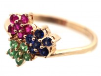 9ct Gold Peridot, Ruby & Sapphire Triple Cluster Ring