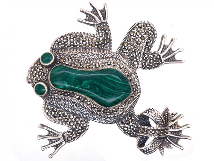 Large Silver, Marcasite & Malachite Frog Brooch