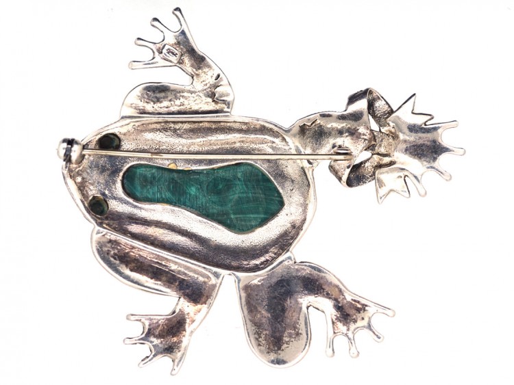 Large Silver, Marcasite & Malachite Frog Brooch