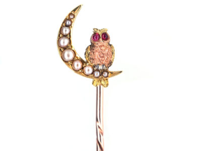 Edwardian 15ct Gold Owl in the Moon Stick Pin